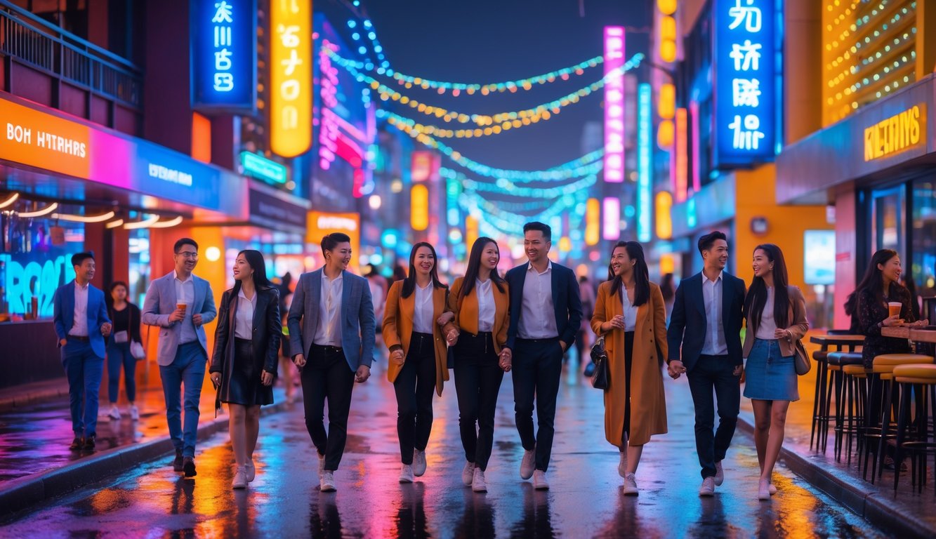 Suasana malam yang ramai di area hiburan dengan anak muda dan pasangan menikmati waktu bersama di jalan yang dipenuhi lampu warna-warni dan bangunan modern.