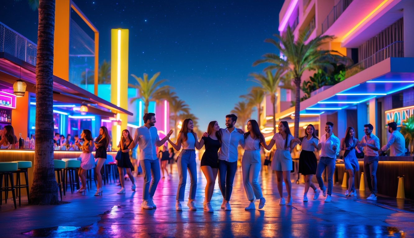Pemandangan malam hari di tempat hiburan dengan orang muda dan pasangan yang sedang bersenang-senang di jalan yang ramai dengan lampu neon berwarna-warni.