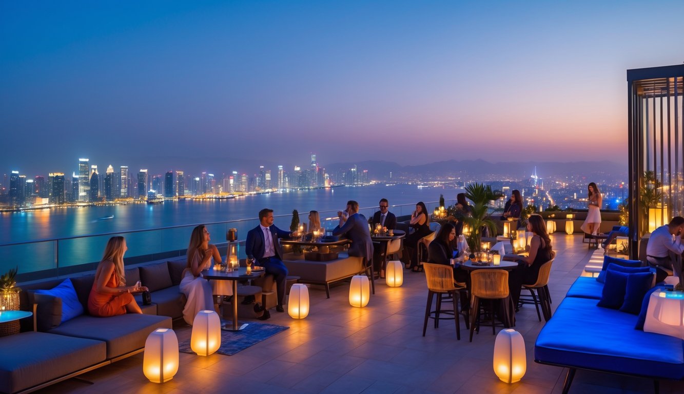 Pemandangan kota malam yang romantis dengan bar atap yang ramai dan lampu kota yang berkilauan di latar belakang.