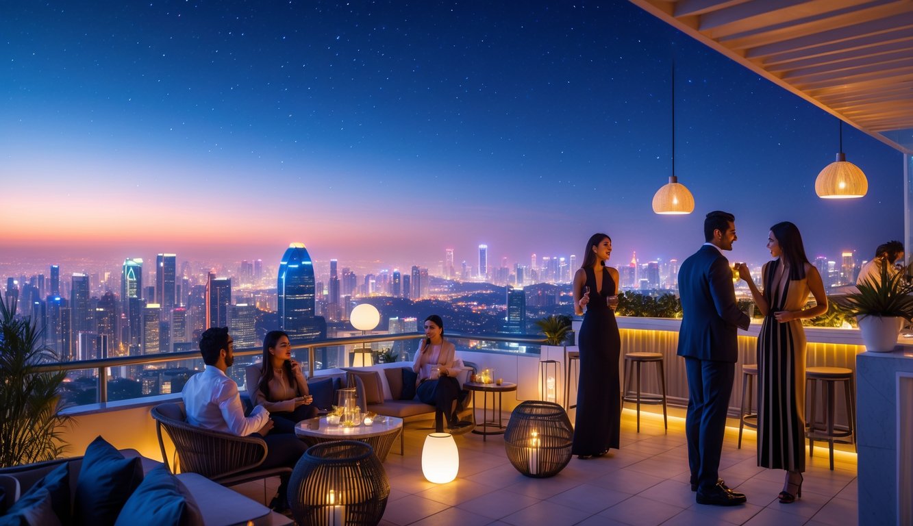 Pemandangan malam kota yang romantis dari atap bar dengan orang-orang menikmati suasana hiburan malam.