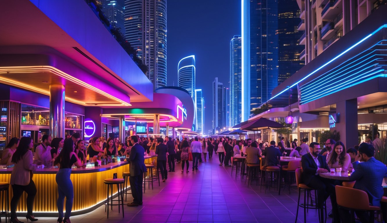 Pemandangan malam kota yang ramai dengan bar dan klub yang terang lampu neon, orang-orang sedang bersenang-senang dan bersosialisasi di luar ruangan.