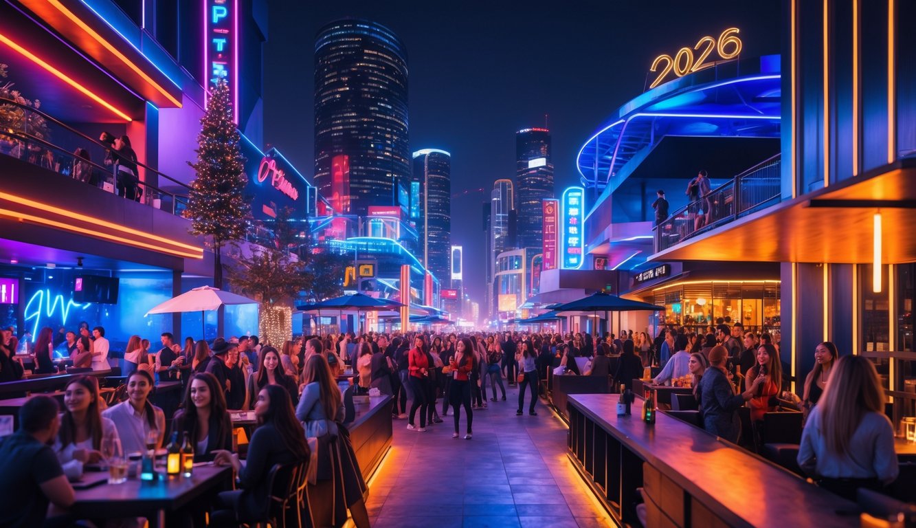 Pemandangan kota malam yang ramai dengan klub malam dan bar populer, orang-orang bersosialisasi dan menikmati hiburan di luar ruangan.