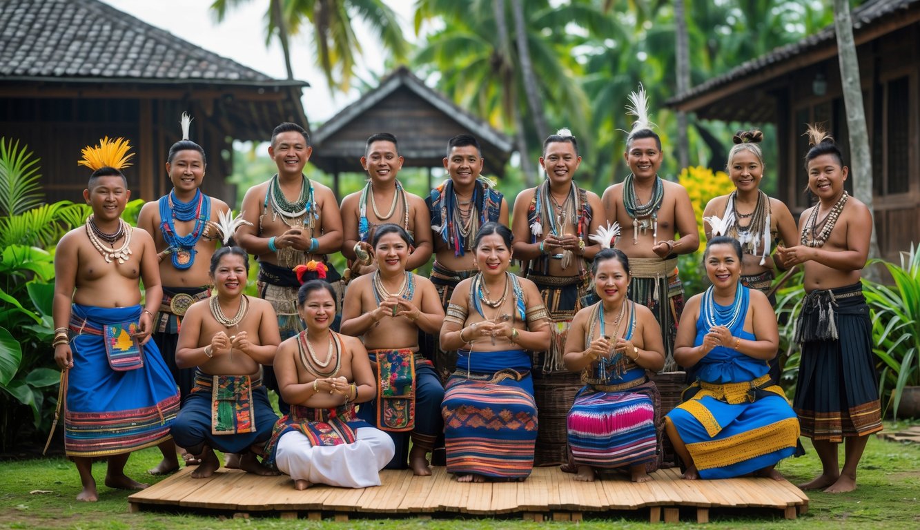 Sekelompok orang Indonesia dari berbagai suku mengenakan pakaian tradisional sedang melakukan aktivitas budaya di luar ruangan dengan latar belakang rumah adat dan pepohonan hijau.
