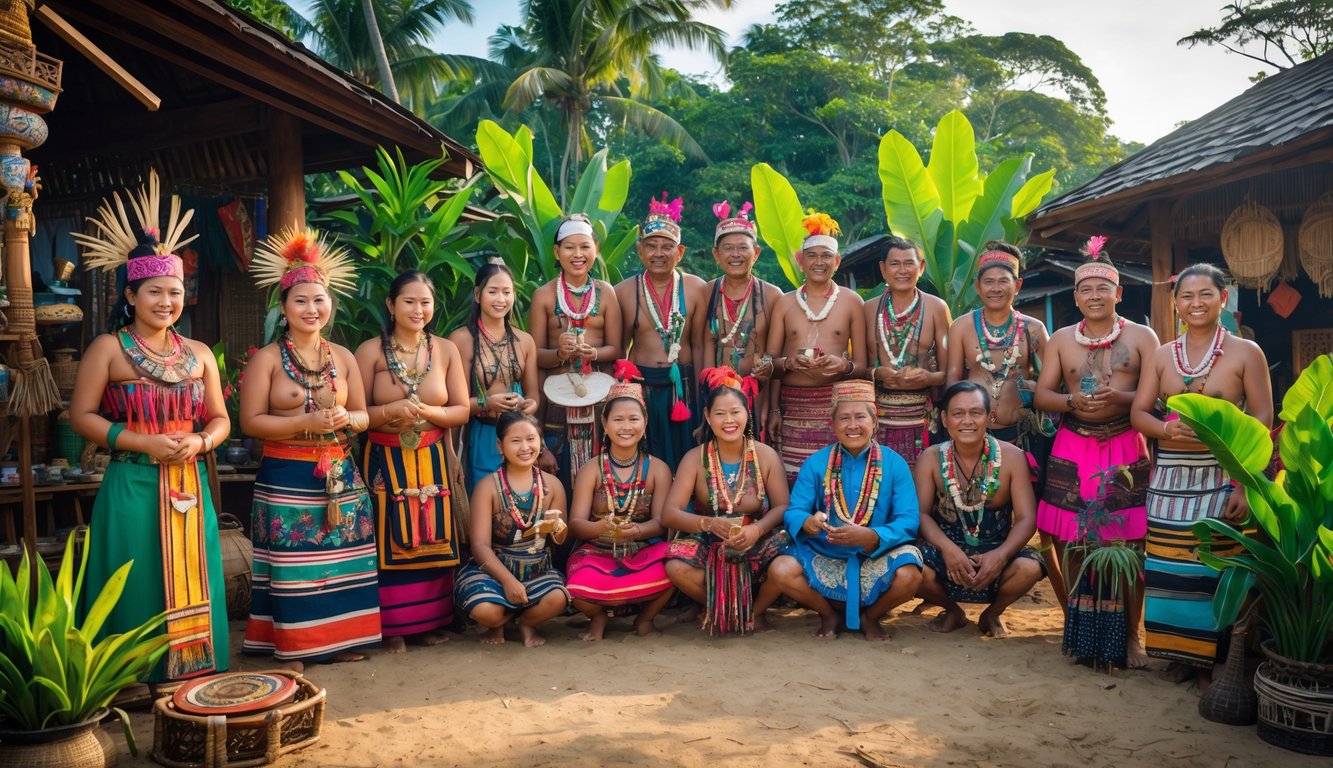 Sekelompok orang Indonesia dari berbagai suku mengenakan pakaian tradisional sedang berkumpul di luar ruangan dengan latar alam hijau dan benda-benda budaya.