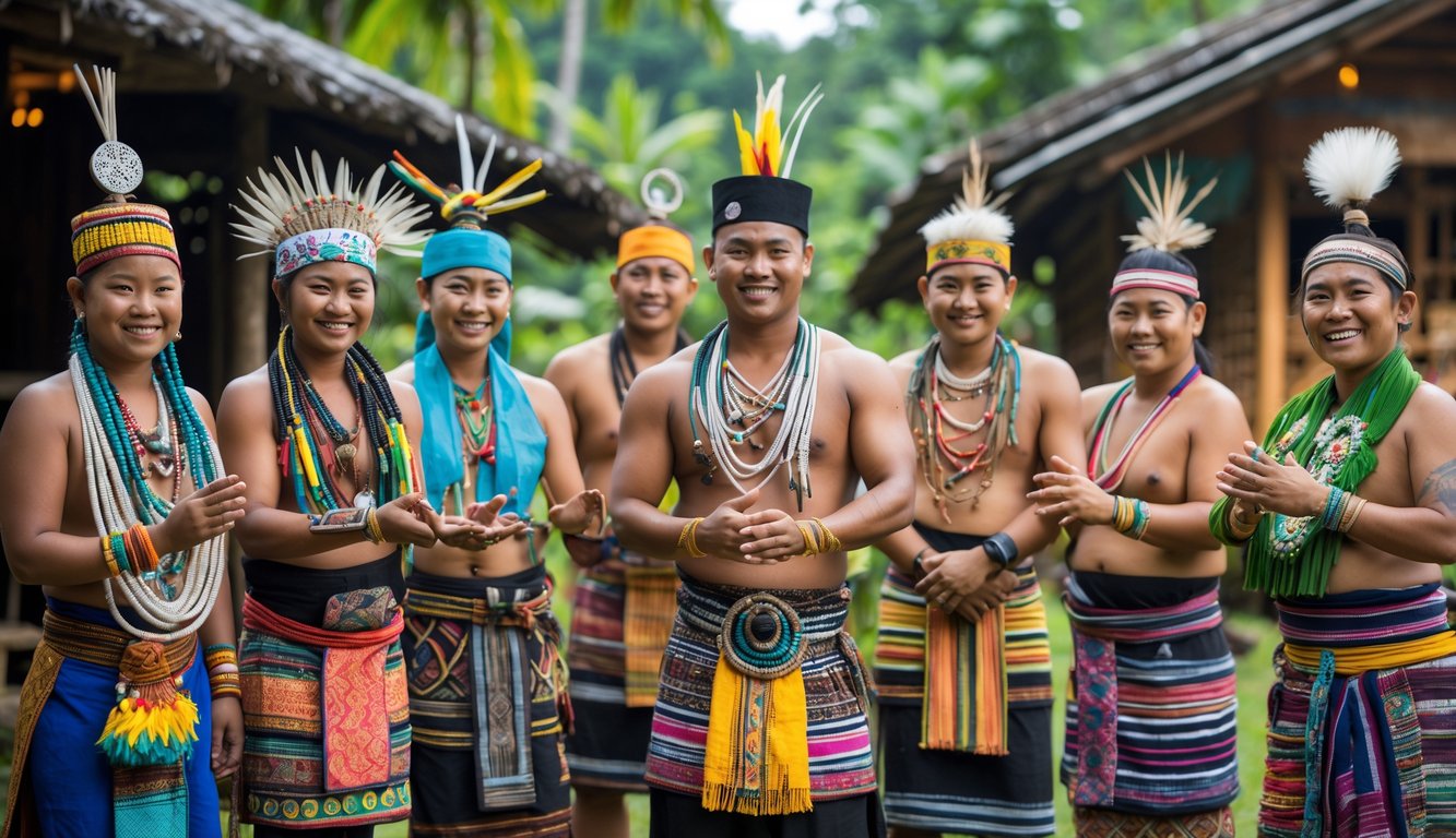 Sepuluh orang Suku Asli Indonesia mengenakan pakaian tradisional, berdiri di luar rumah adat dengan latar alam hijau.