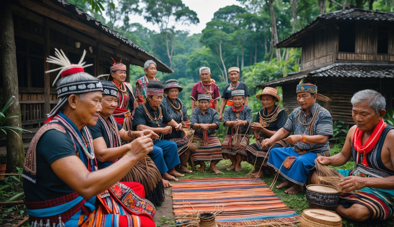 Sekelompok orang dari berbagai suku di Indonesia mengenakan pakaian adat tradisional sedang berkumpul di alam terbuka, menunjukkan pelestarian budaya leluhur.