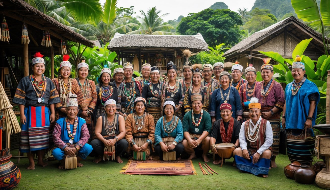 Sekelompok orang Indonesia dari berbagai suku mengenakan pakaian tradisional sedang berkumpul di luar ruangan dengan latar belakang alam dan artefak budaya.