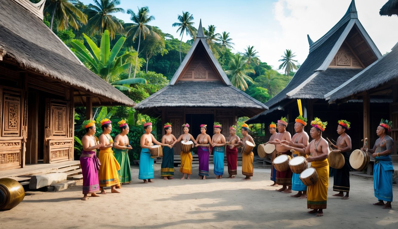 Sekelompok orang dari suku Indonesia mengenakan pakaian adat sedang berkumpul di depan rumah adat dan melaksanakan upacara tradisional di lingkungan alam yang hijau.