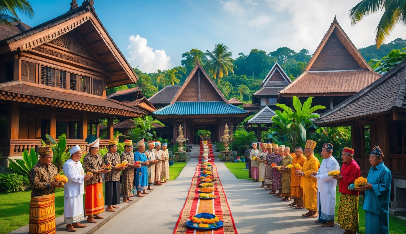 Beberapa rumah adat Indonesia dengan orang-orang berpakaian tradisional sedang mengikuti upacara budaya di sebuah desa.