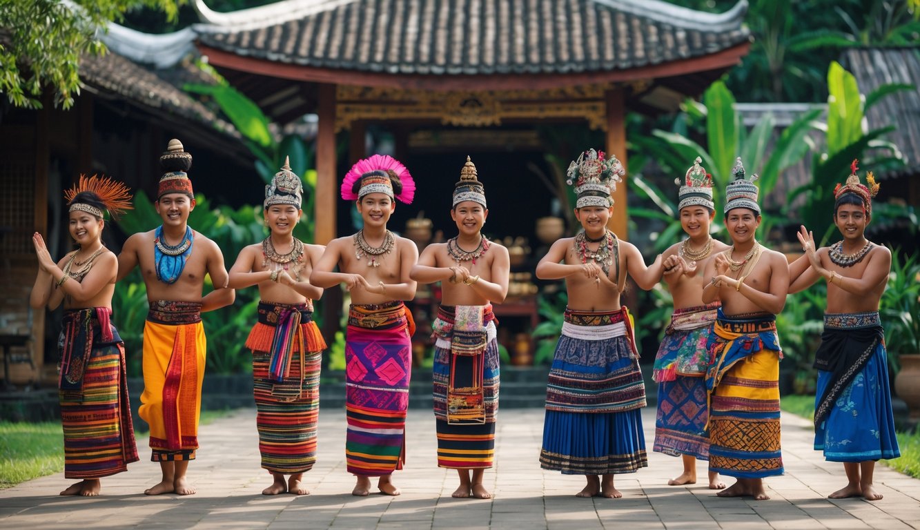 Sekelompok orang Indonesia mengenakan pakaian tradisional dari berbagai suku, sedang melakukan aktivitas budaya di luar ruangan dengan latar belakang alam dan bangunan tradisional.