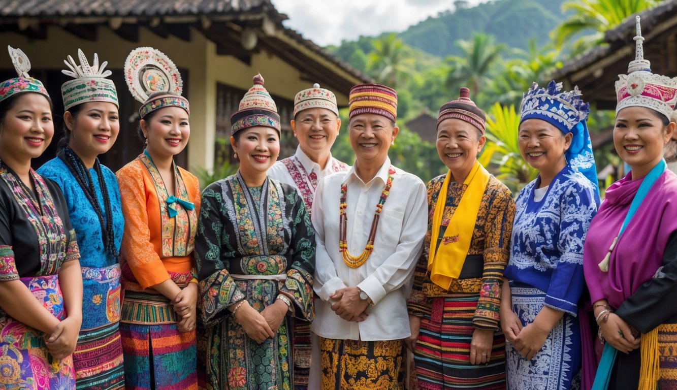 Sekelompok orang Indonesia dari berbagai suku mengenakan pakaian tradisional berwarna-warni sedang berdiri bersama di luar ruangan dengan latar belakang alam dan bangunan tradisional.