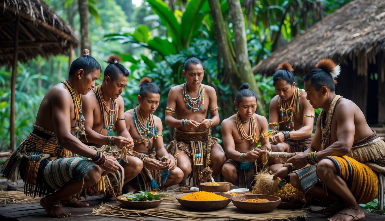 Sekelompok orang suku pedalaman Indonesia mengenakan pakaian tradisional sedang melakukan aktivitas budaya di hutan tropis dengan rumah kayu di latar belakang.