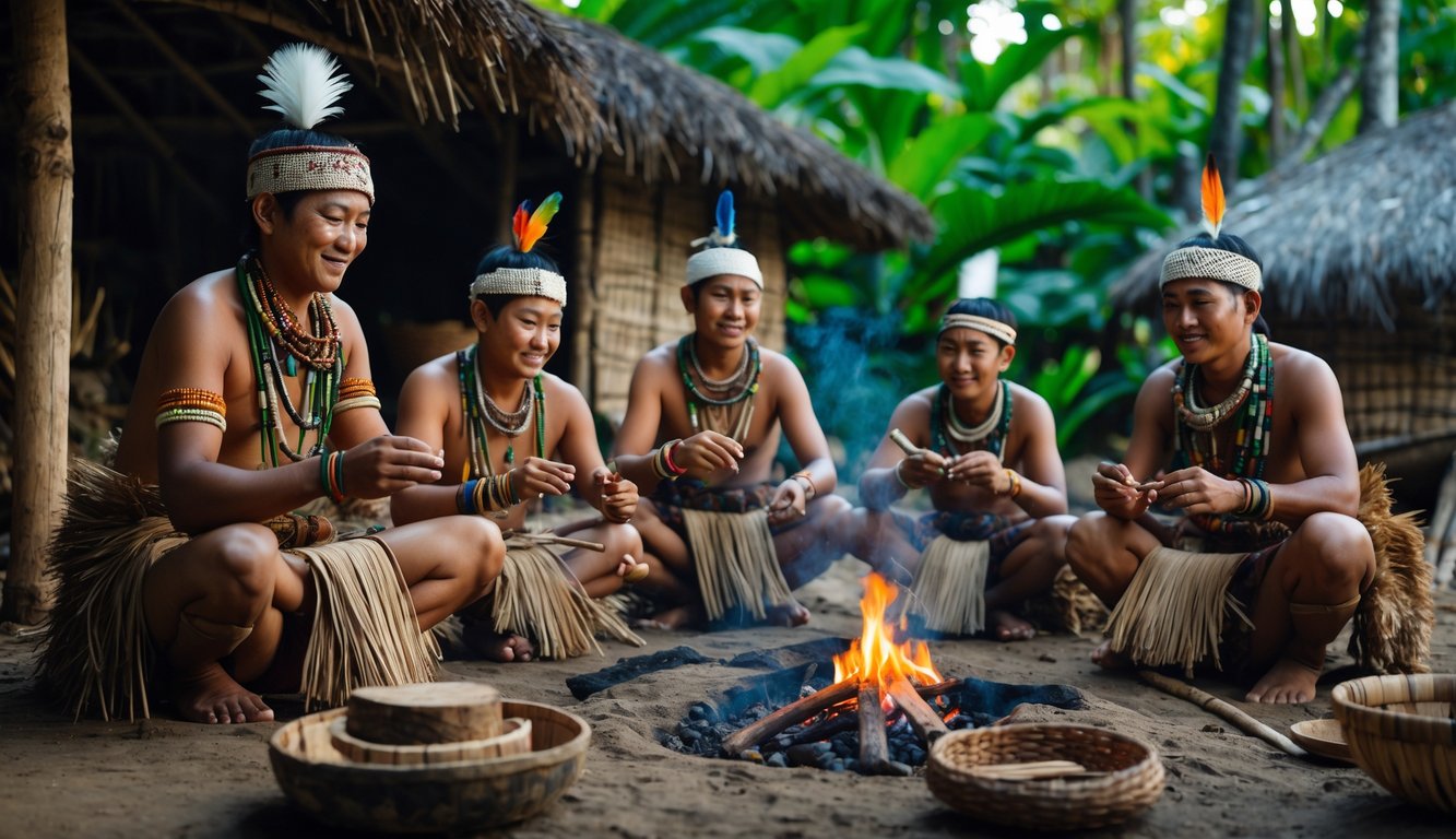 Sekelompok anggota suku pedalaman Indonesia mengenakan pakaian tradisional di hutan tropis, sedang melakukan kegiatan budaya seperti menari dan membuat alat tradisional.