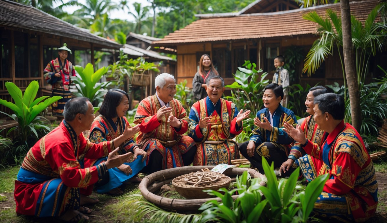 Sekelompok orang Indonesia mengenakan pakaian tradisional sedang berkumpul di luar ruangan dengan latar rumah kayu dan tanaman tropis, berbagi cerita dan melestarikan budaya mereka.