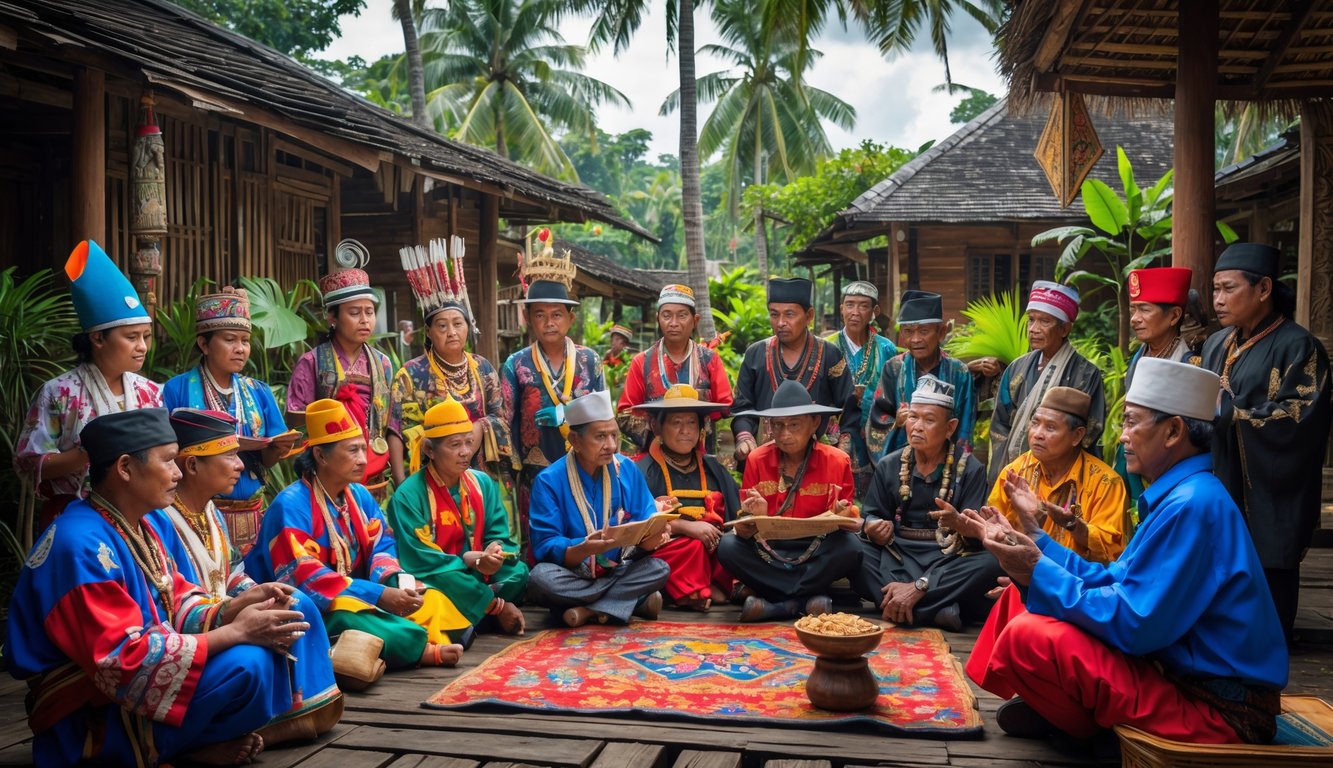 Sekelompok orang dari berbagai suku Indonesia mengenakan pakaian tradisional sedang berkumpul di luar rumah adat, berbagi cerita dan melestarikan bahasa serta kearifan lokal.