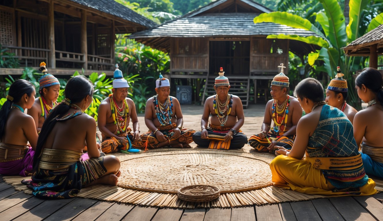 Sekelompok orang tradisional Indonesia sedang mengikuti upacara adat di lingkungan desa dengan rumah tradisional di latar belakang.