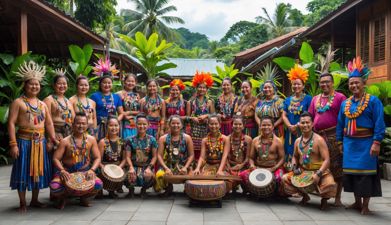 Sekelompok orang Indonesia dari berbagai suku di Nusantara mengenakan pakaian tradisional berwarna-warni, berkumpul di luar ruangan dengan latar belakang rumah adat dan pepohonan hijau.
