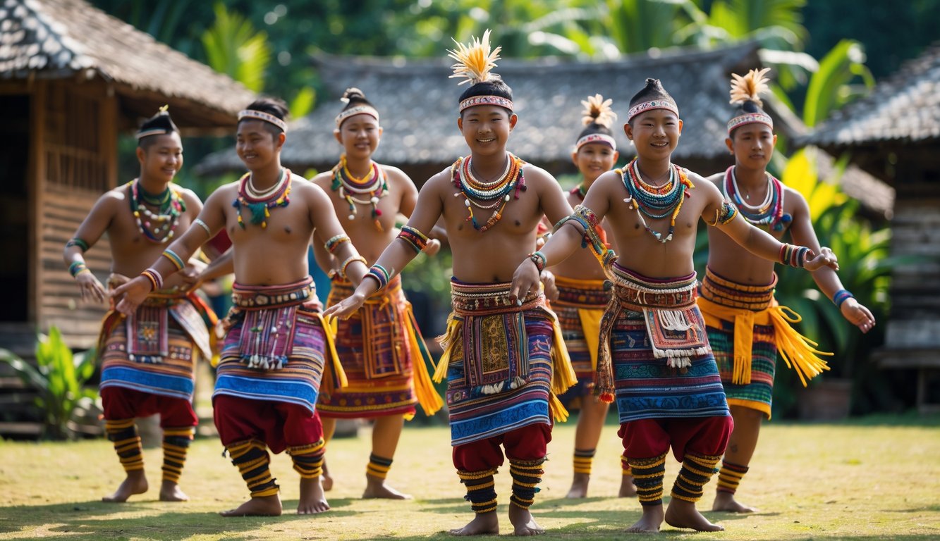 Sekelompok orang dari suku Indonesia sedang menari memakai pakaian adat di lingkungan tradisional dengan latar pepohonan dan rumah kayu.