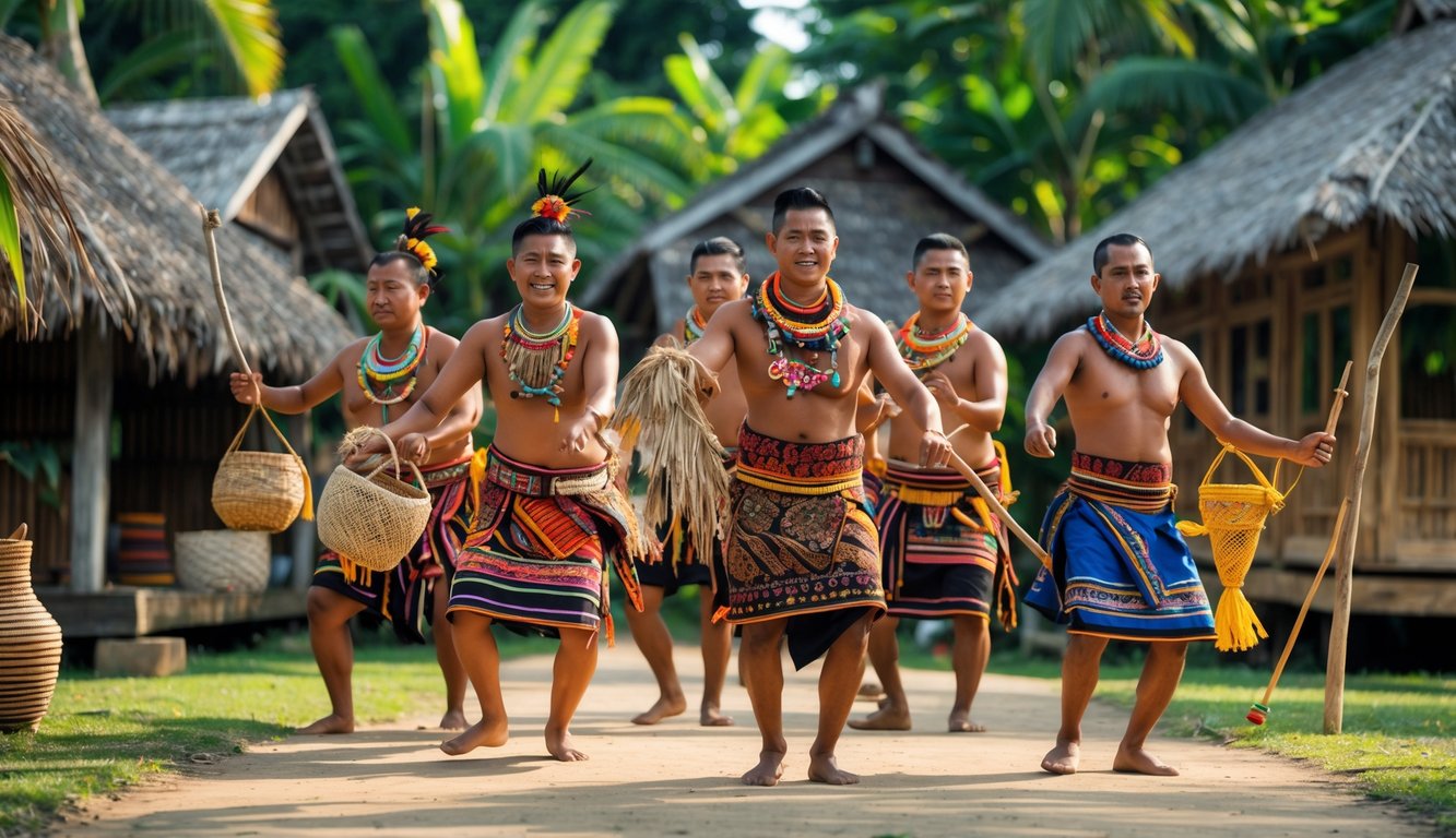 Sekelompok orang Indonesia mengenakan pakaian adat sedang menari dan melakukan ritual di luar ruangan dengan latar rumah tradisional dan pepohonan hijau.