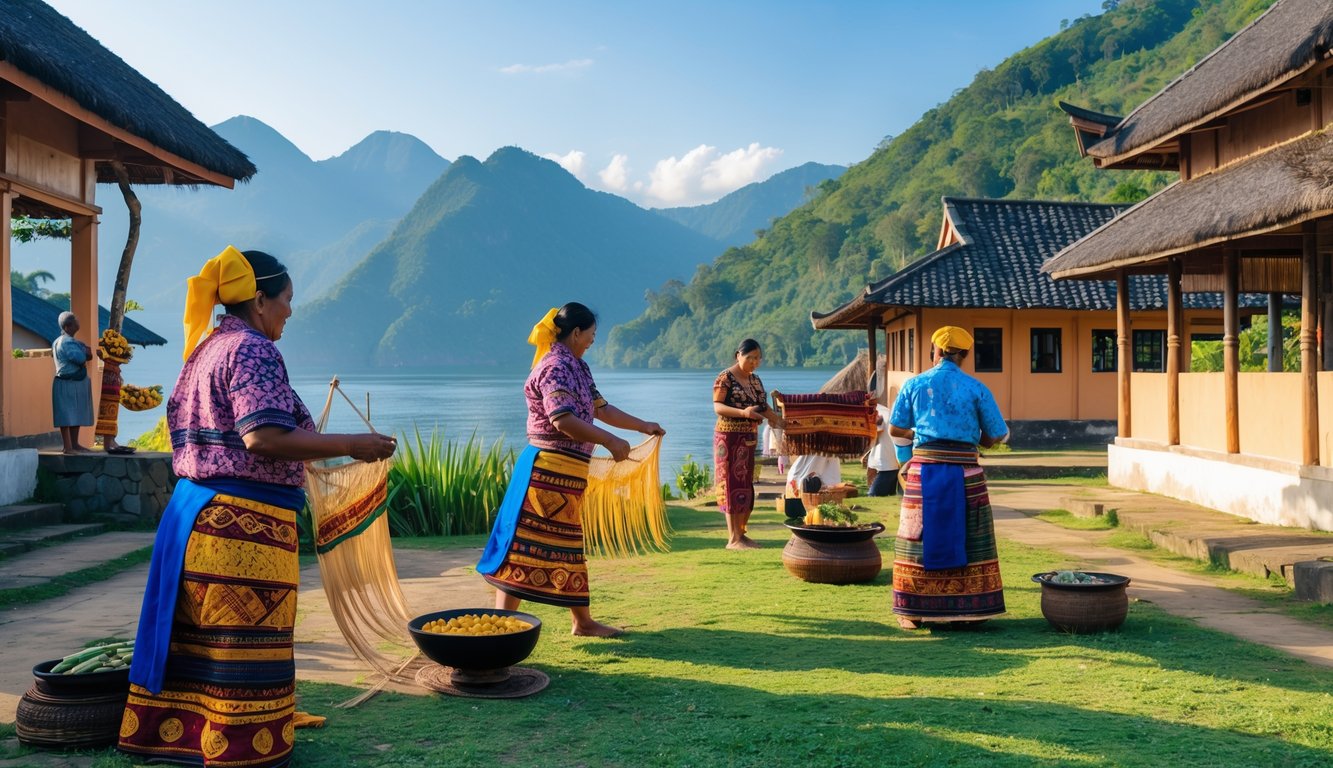 Orang-orang mengenakan pakaian tradisional Batak di depan rumah adat di sekitar Danau Toba dengan latar pegunungan hijau dan danau yang tenang.