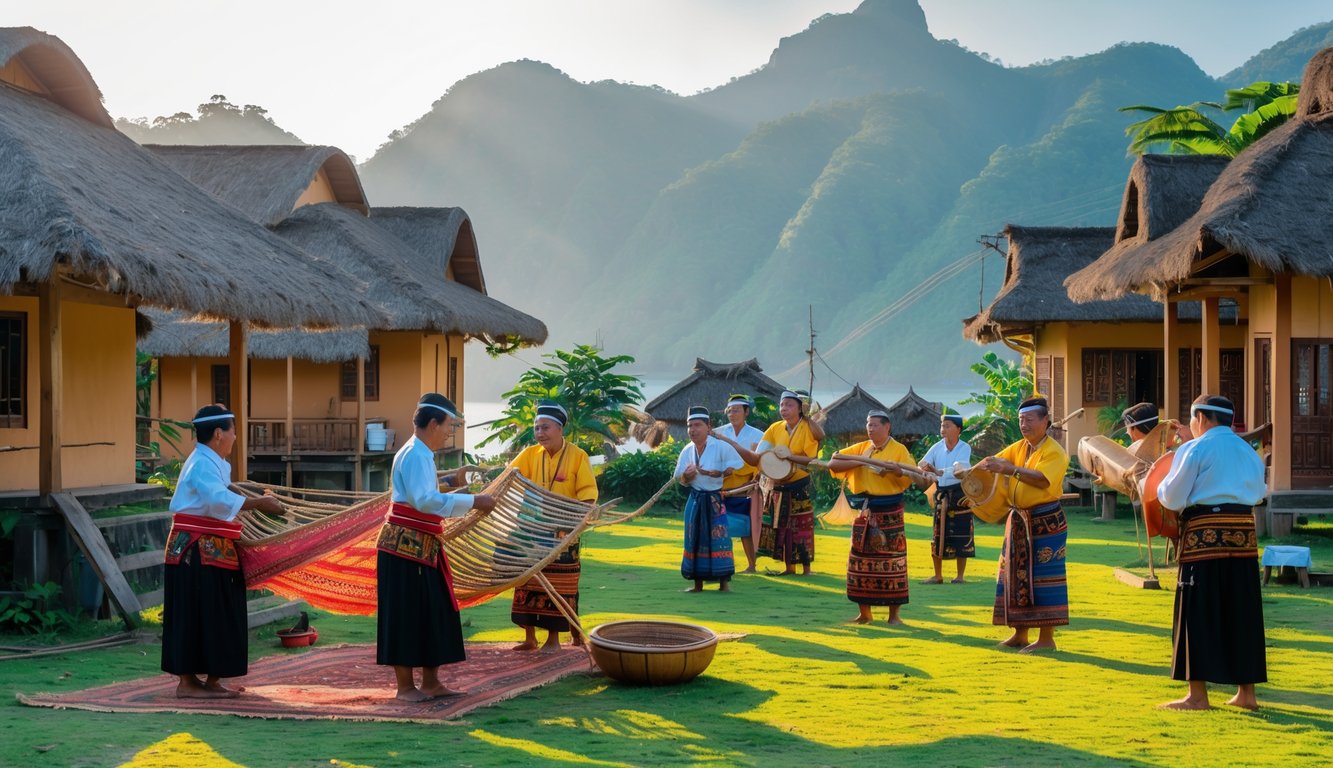 Pemandangan rumah adat Batak di tepi Danau Toba dengan orang-orang mengenakan pakaian tradisional sedang melakukan aktivitas budaya.