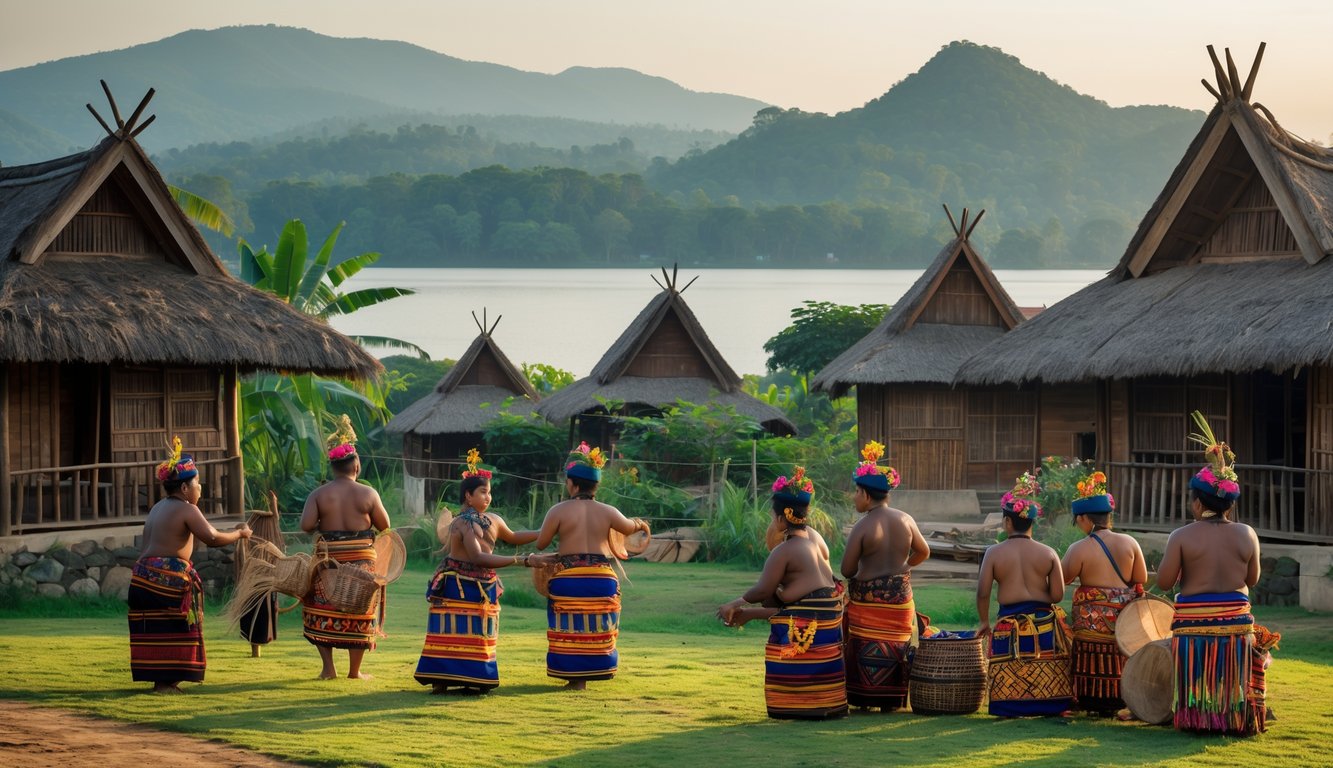 Sekelompok orang Batak mengenakan pakaian tradisional di depan rumah adat dengan latar Danau Toba dan perbukitan hijau.