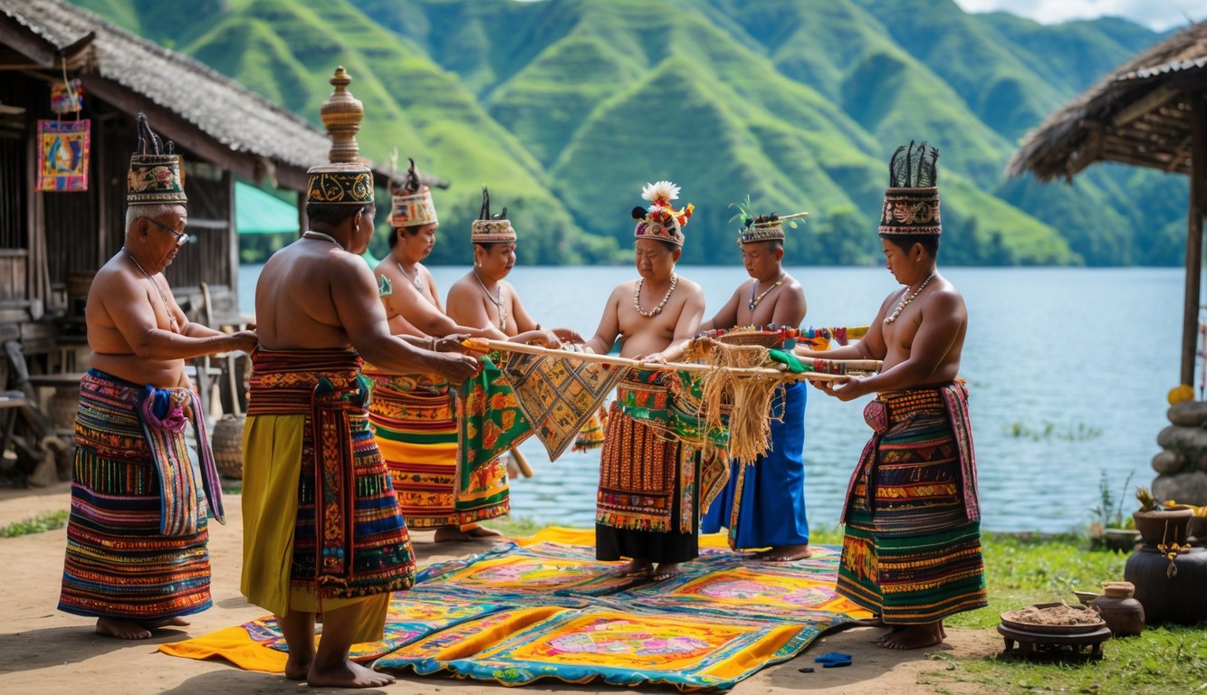 Orang-orang mengenakan pakaian adat Batak sedang melakukan upacara tradisional di tepi Danau Toba dengan latar belakang perbukitan hijau dan danau biru.