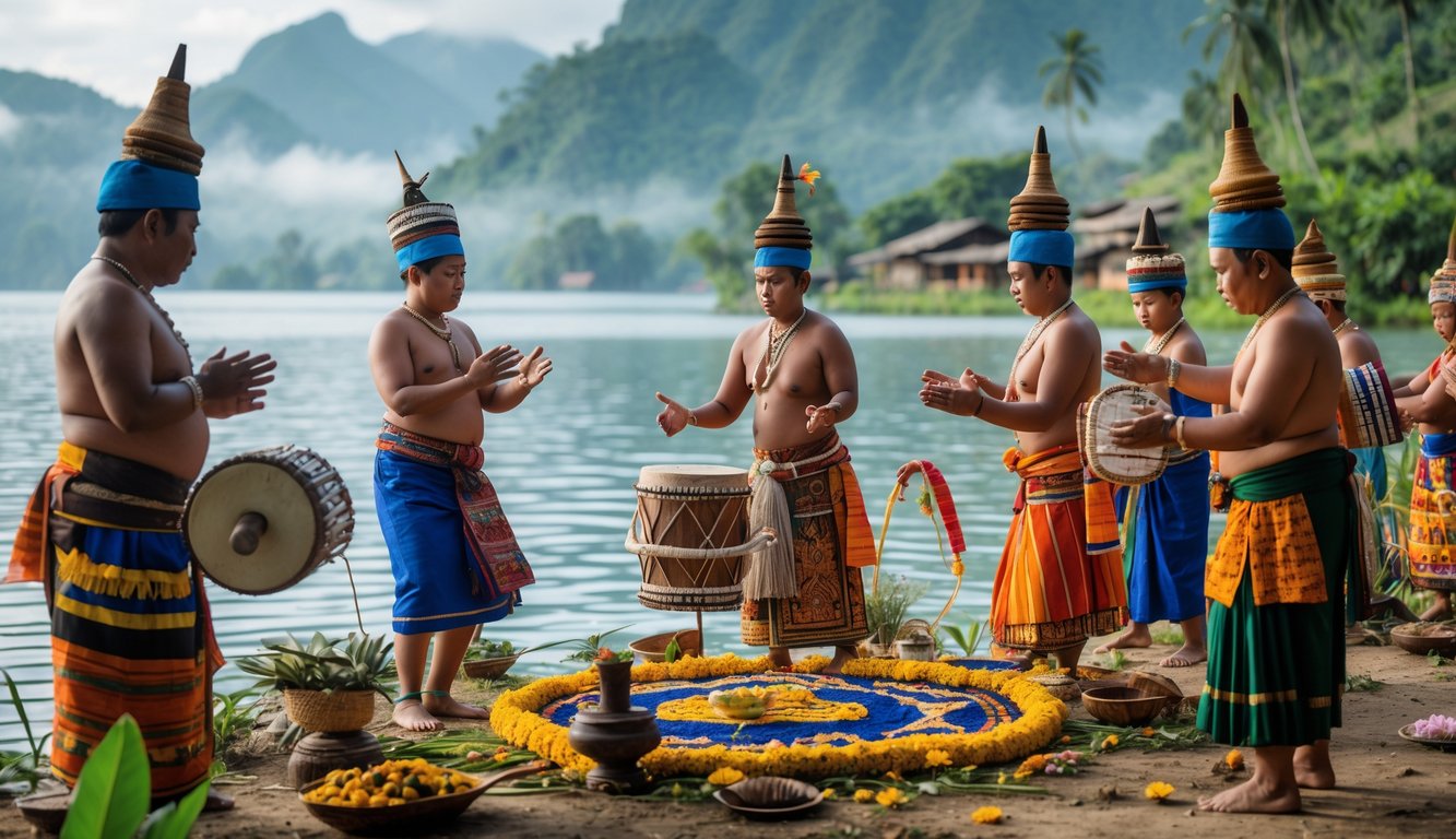 Orang-orang Batak mengenakan pakaian adat sedang melakukan upacara tradisional di tepi Danau Toba dengan latar belakang danau dan pegunungan.