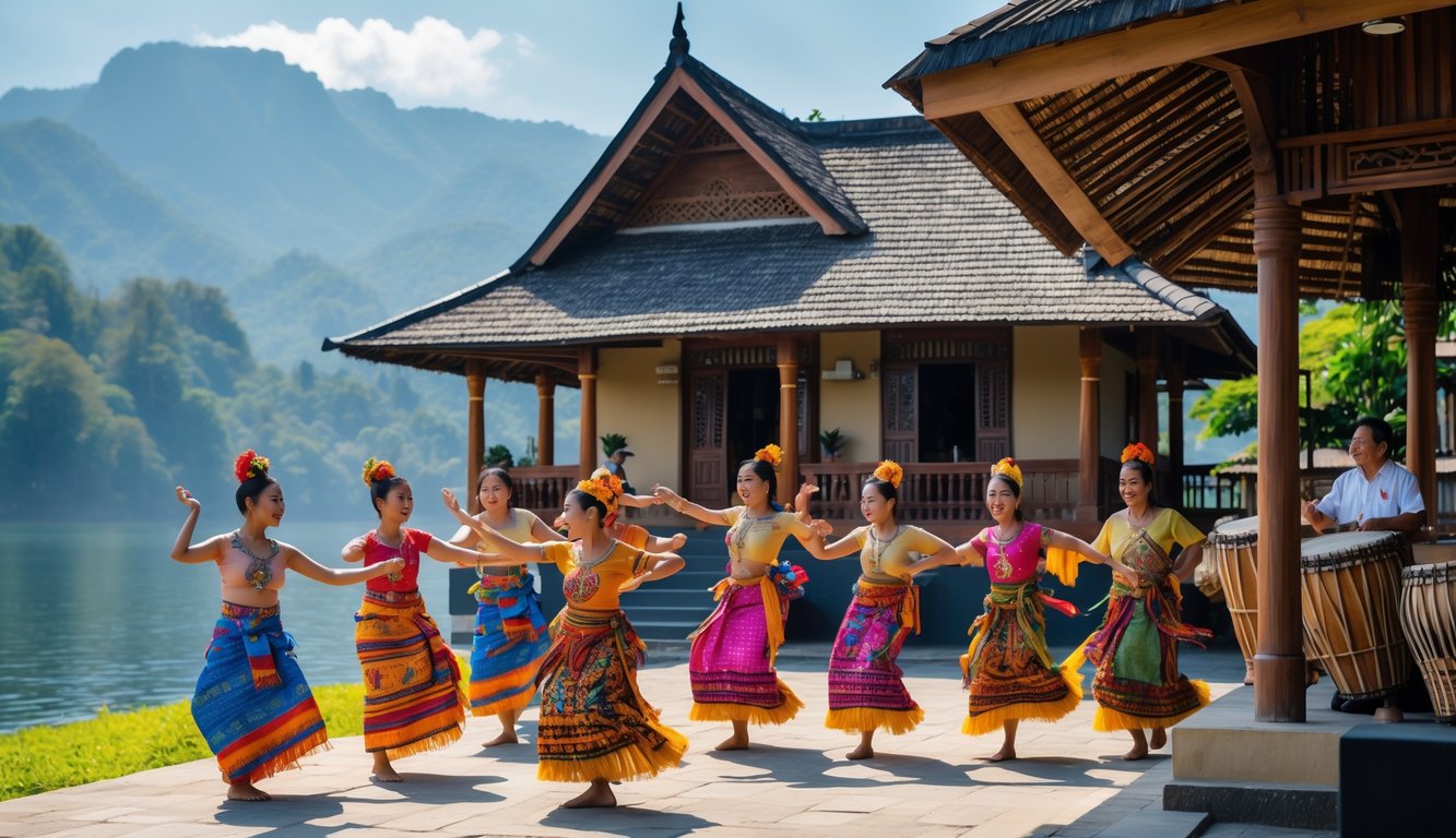 Orang-orang mengenakan pakaian tradisional Batak menari dan memainkan alat musik di depan rumah adat Batak dekat Danau Toba.