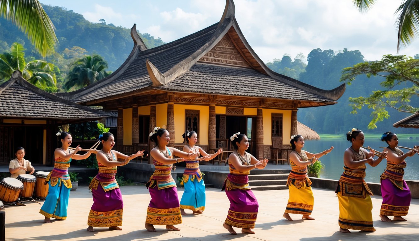 Orang-orang mengenakan pakaian tradisional Batak sedang menari dan memainkan alat musik di depan rumah adat dengan latar danau dan pepohonan.