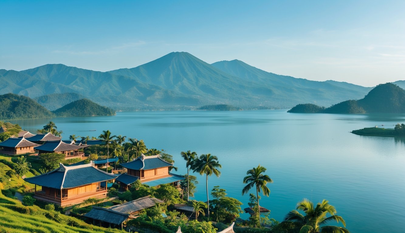 Pemandangan Danau Toba dengan perbukitan hijau, rumah tradisional Batak di tepi danau, dan langit biru cerah.