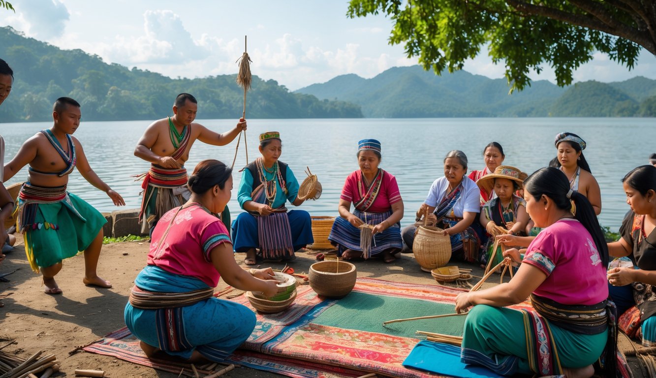 Sekelompok masyarakat lokal mengenakan pakaian tradisional Batak sedang melakukan aktivitas budaya di tepi Danau Toba dengan latar belakang danau dan perbukitan hijau.