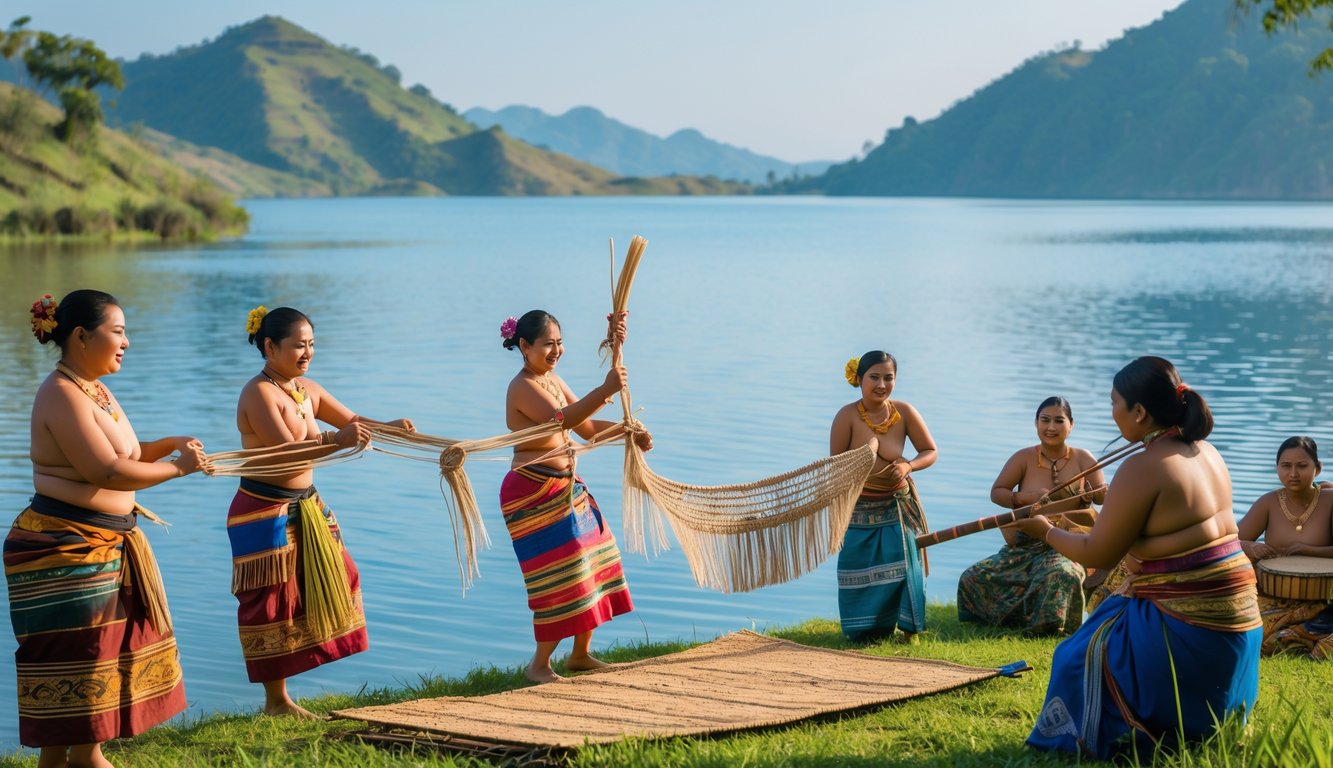 Sekelompok masyarakat lokal mengenakan pakaian tradisional Batak sedang melakukan aktivitas budaya di tepi Danau Toba dengan pemandangan danau dan perbukitan hijau di latar belakang.