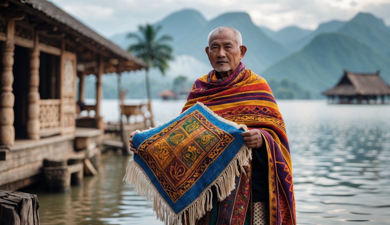Seorang tetua Batak mengenakan kain Ulos berdiri di tepi Danau Toba dengan latar pegunungan dan rumah adat Batak.