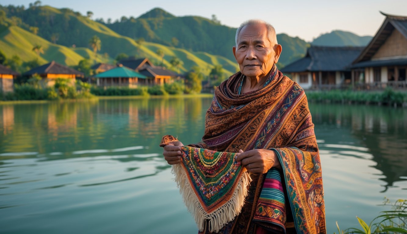 Seorang tetua Batak mengenakan kain Ulos berdiri di tepi Danau Toba dengan latar belakang rumah adat dan perbukitan hijau.