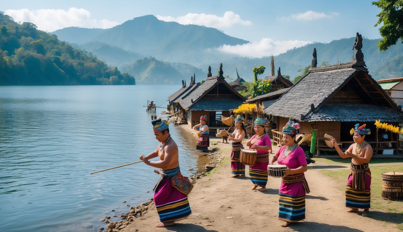 Pemandangan desa tradisional Batak di tepi Danau Toba dengan penduduk mengenakan pakaian adat dan aktivitas budaya di latar belakang danau dan perbukitan hijau.