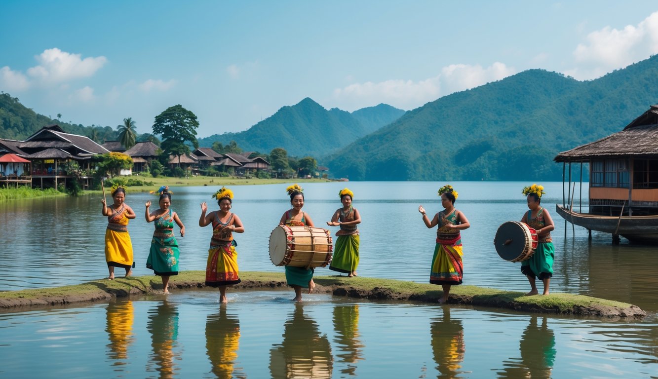 Pemandangan Danau Toba dengan penduduk lokal mengenakan pakaian tradisional Batak sedang melakukan aktivitas budaya di depan rumah adat di tepi danau.