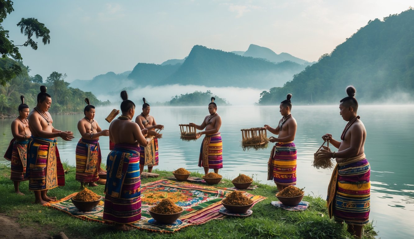 Sejumlah orang Batak Toba mengenakan pakaian tradisional melakukan upacara adat di tepi Danau Toba dengan latar pegunungan dan danau yang tenang.
