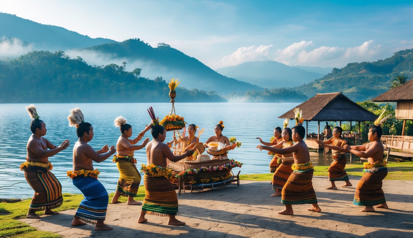 Orang-orang Batak Toba mengenakan pakaian adat melakukan upacara tradisional di tepi Danau Toba dengan latar belakang danau, rumah adat, dan pegunungan.