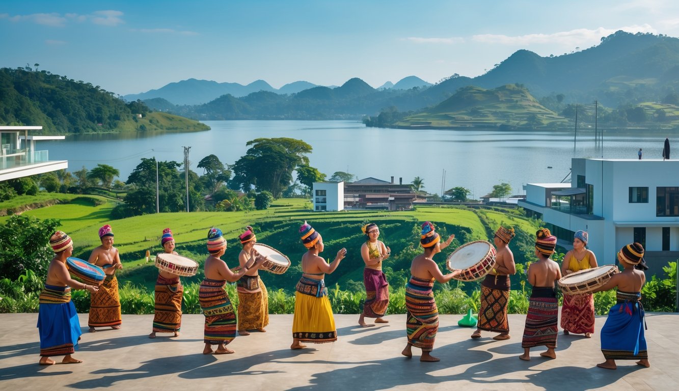 Orang-orang mengenakan pakaian tradisional Batak sedang melakukan aktivitas budaya di tepi Danau Toba dengan latar belakang bangunan modern dan pemandangan danau serta perbukitan hijau.