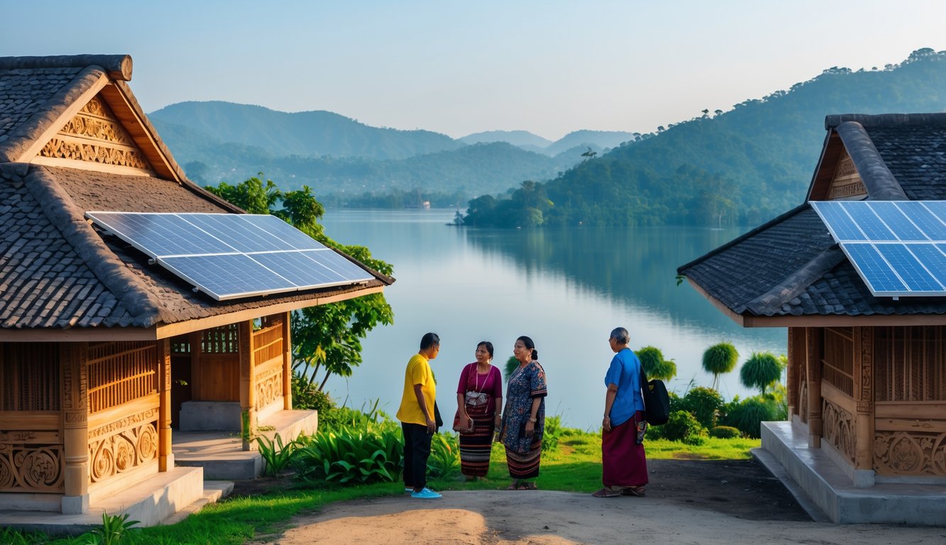 Pemandangan Danau Toba dengan rumah adat Batak dan orang-orang mengenakan pakaian tradisional dan modern, menunjukkan perpaduan budaya dan modernisasi.
