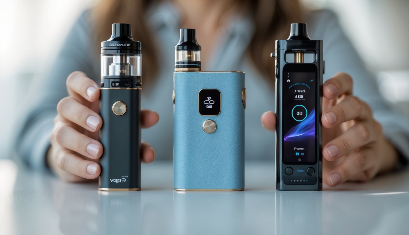 Dua tangan memegang perangkat vapor modern yang berbeda di atas permukaan bersih dengan latar belakang buram.