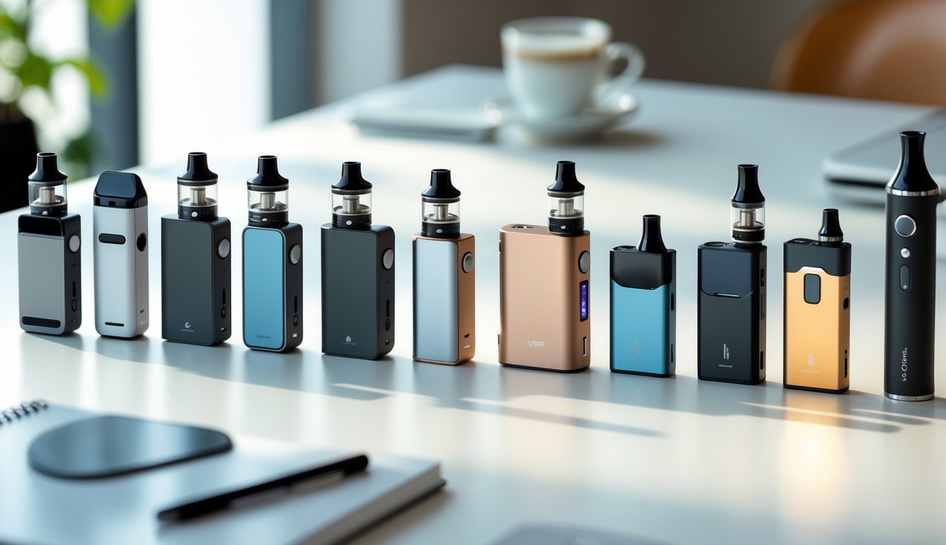 Berbagai perangkat vapor modern tersusun rapi di atas permukaan putih dengan latar belakang samar sebuah cangkir kopi dan buku catatan.