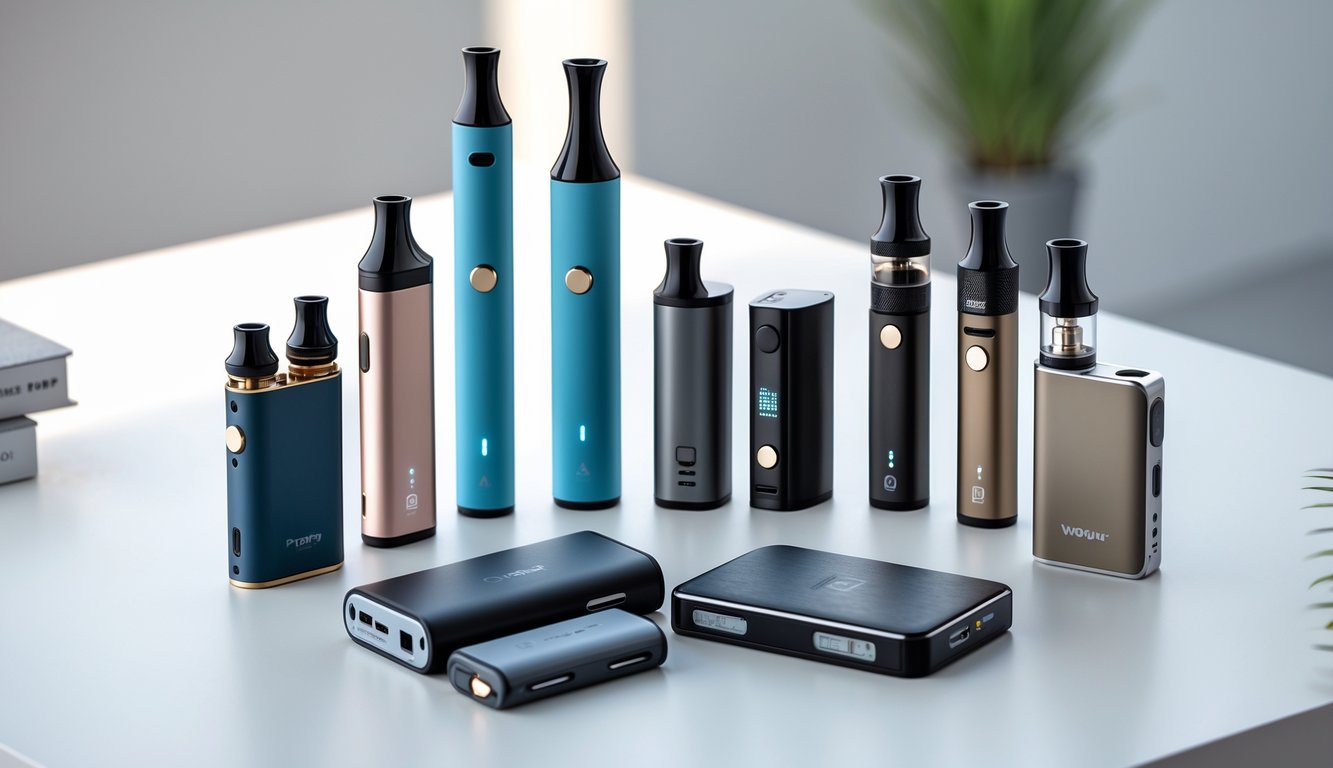 Beberapa perangkat vapor modern dengan berbagai desain dan warna yang disusun rapi di atas permukaan putih.