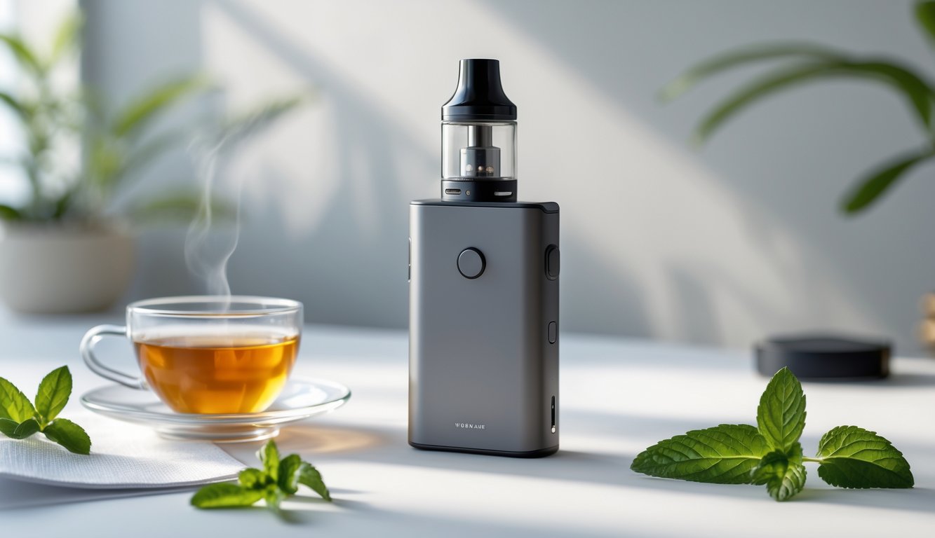 Perangkat vapor modern yang diletakkan di atas permukaan bersih dengan daun mint dan secangkir teh di sekitarnya.