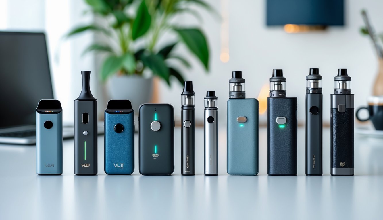 Beberapa perangkat vapor modern dengan berbagai model diletakkan rapi di atas meja putih dengan latar belakang ruang kerja minimalis.