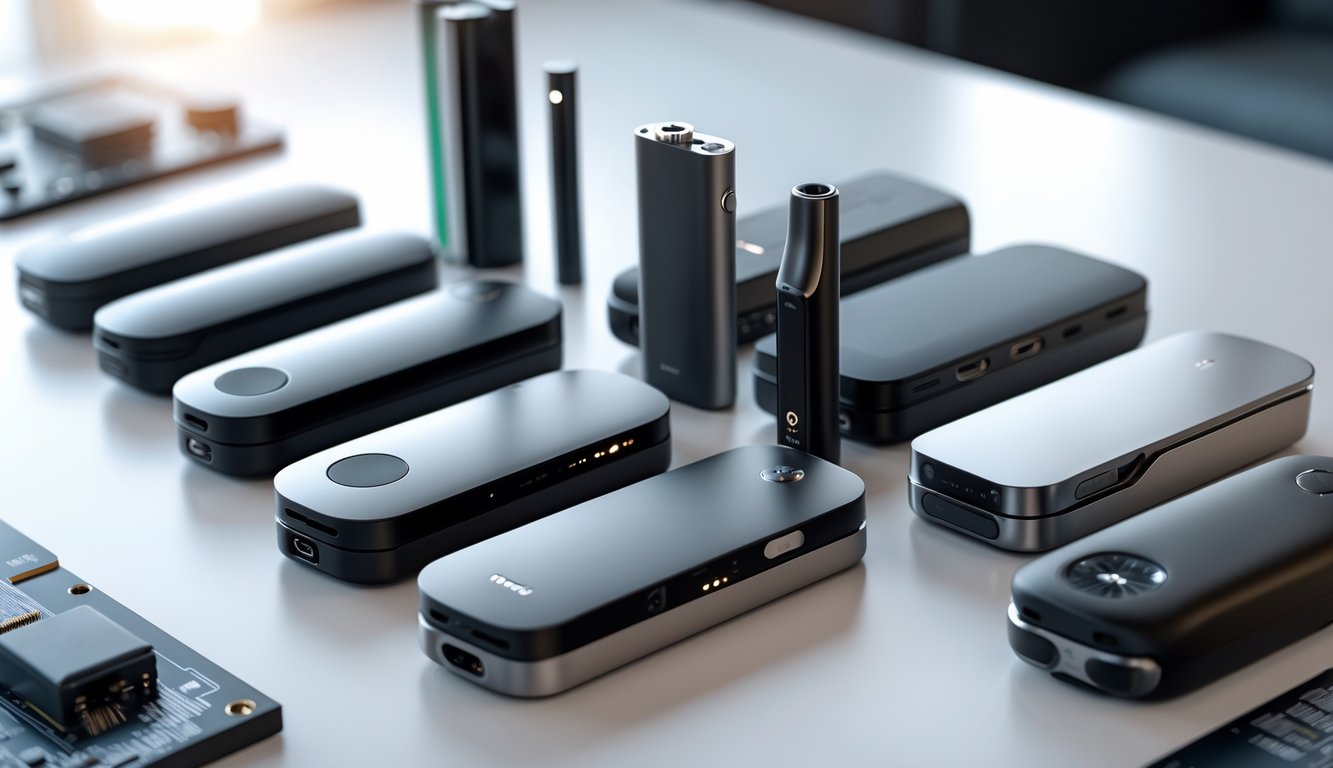 Beberapa perangkat vaporizer modern yang ditata rapi di atas permukaan putih dengan pencahayaan alami.