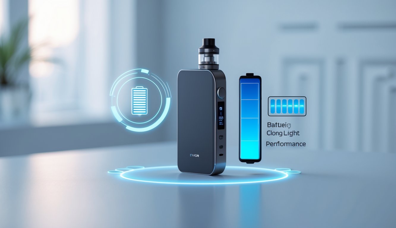 Sebuah perangkat vapor modern dengan baterai tahan lama diletakkan di atas permukaan minimalis dengan latar belakang buram.