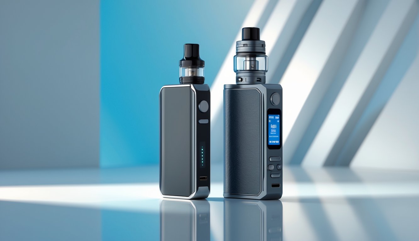 Dua perangkat vapor berdampingan, satu pod kecil dan satu mod besar, ditempatkan di atas permukaan reflektif dengan latar belakang modern.