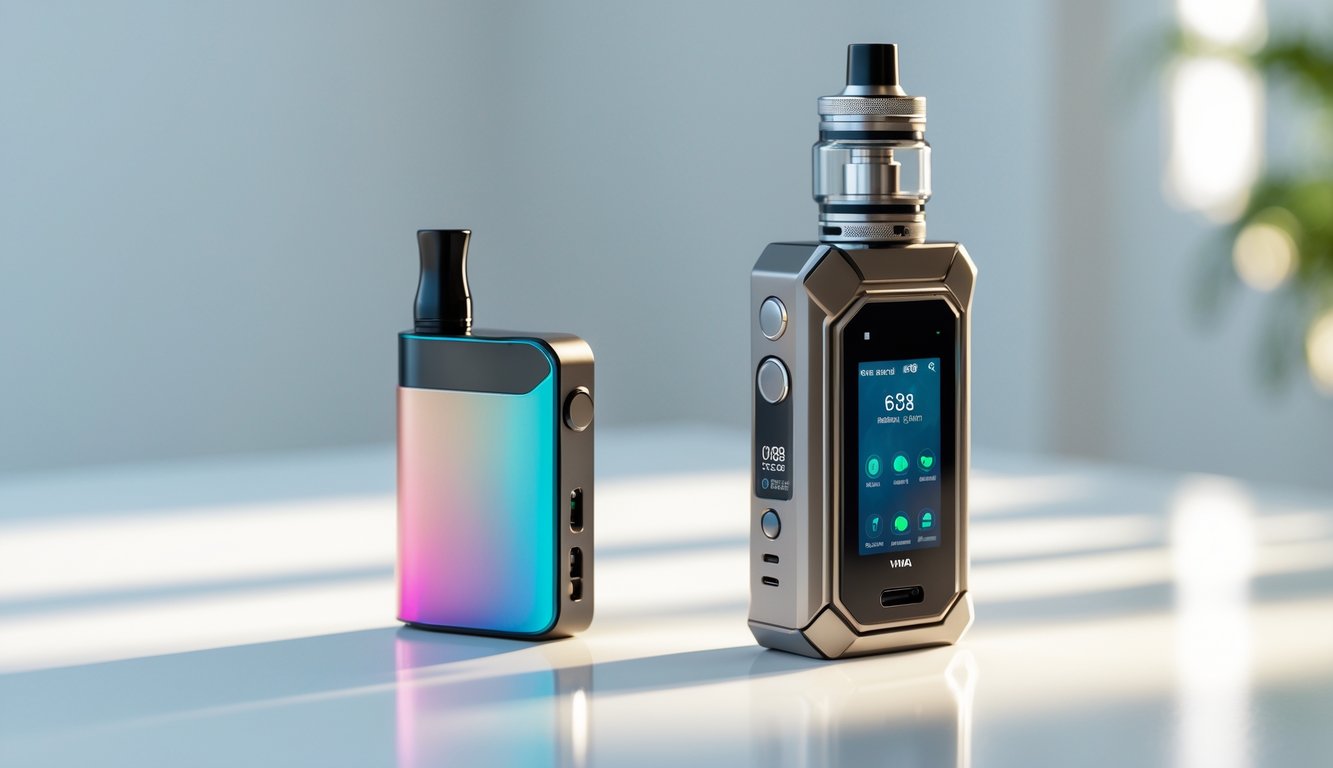Dua perangkat vapor berdampingan di atas permukaan putih, satu pod kecil dan satu mod yang lebih besar dengan detail tombol dan layar.